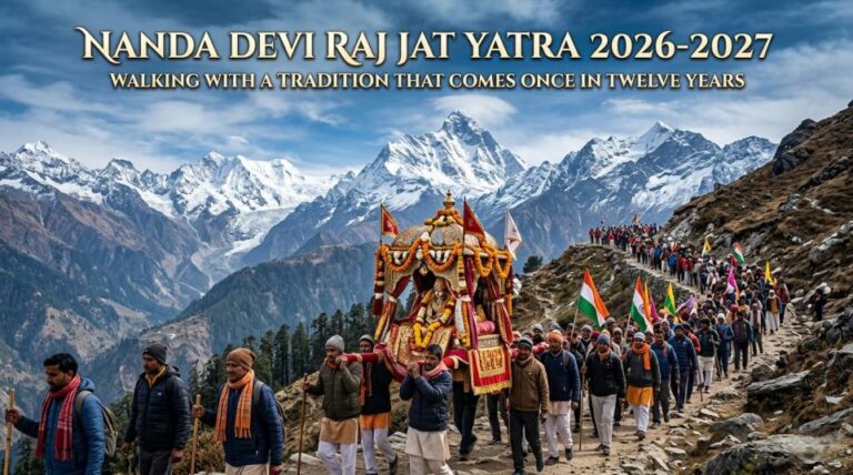 A large, ornate golden Doli of Maa Nanda Devi being carried by pilgrims on a mountain path during the Nanda Devi Raj Jat Yatra, with the snow-capped Himalayan peaks of Uttarakhand in the background.